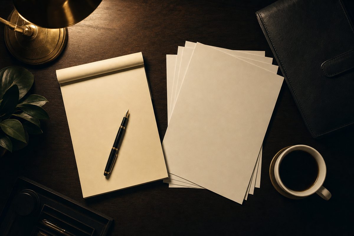 A blank legal pad, fountain pen, and stack of worksheets on a dark walnut desk in warm light